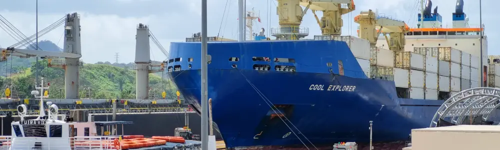 Un cargo bleu naviguant sur le canal de Panamá