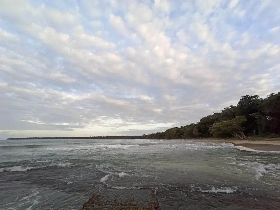 Plage bordée de forêt dans le parc national Cahuita, sous un ciel nuageux